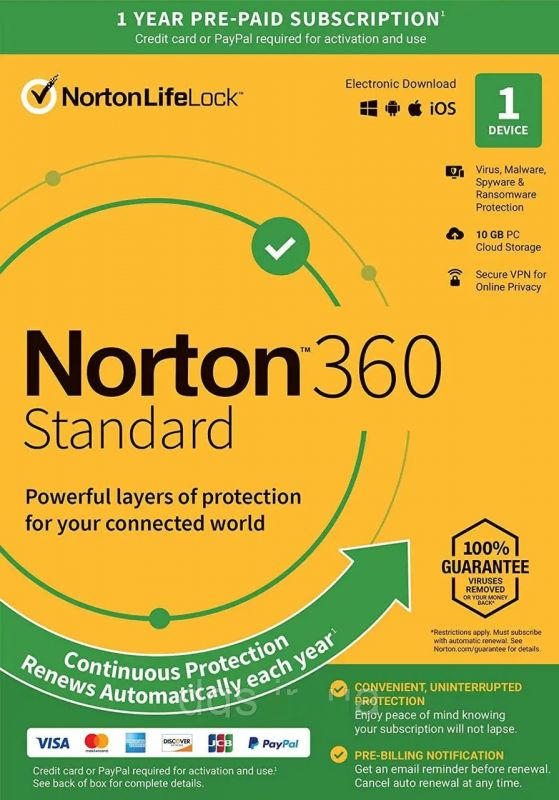 Антивірус Norton 360 Standard 10 GB на 1 Пристрій на 1 Рік, Європа EU